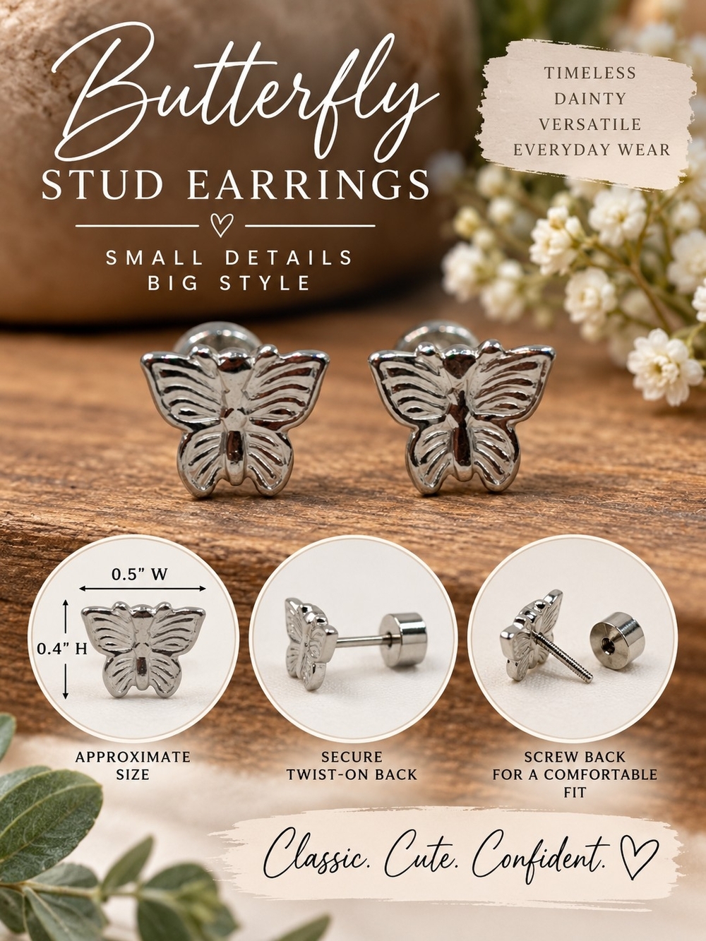 A96.  Butterfly Stud Earrings Silver NWT